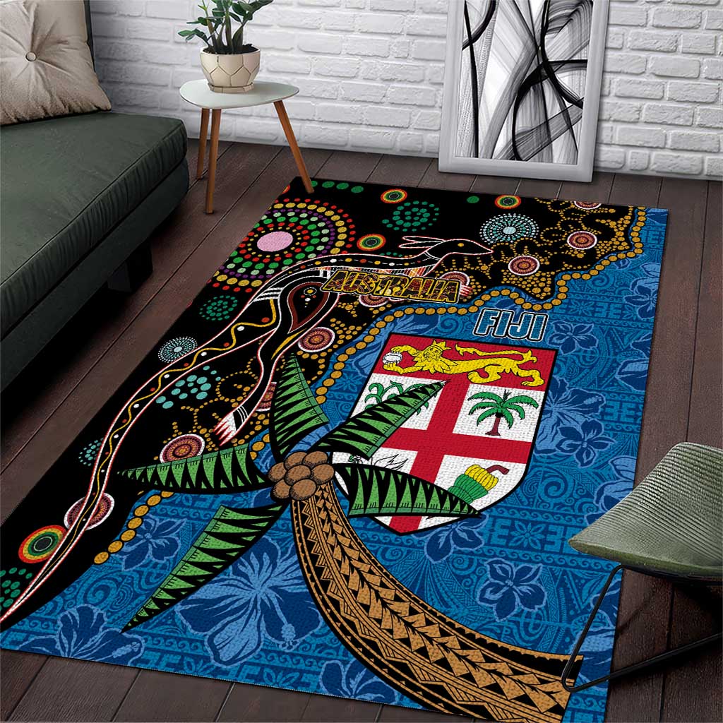 Fijian and Australian Culture Together Area Rug Aboriginal Art and Tapa Motifs with Kangaroo and Palm Tree LT03 Black - Polynesian Pride