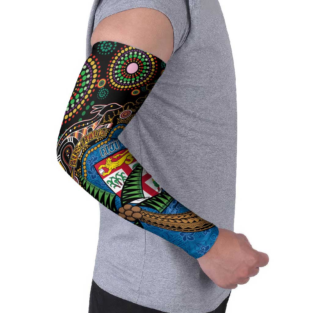 Fijian and Australian Culture Together Arm Sleeves Aboriginal Art and Tapa Motifs with Kangaroo and Palm Tree LT03 - Polynesian Pride