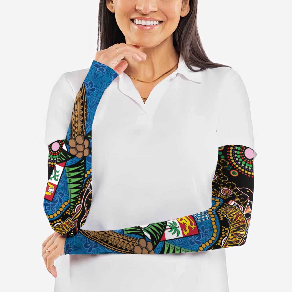 Fijian and Australian Culture Together Arm Sleeves Aboriginal Art and Tapa Motifs with Kangaroo and Palm Tree LT03 - Polynesian Pride