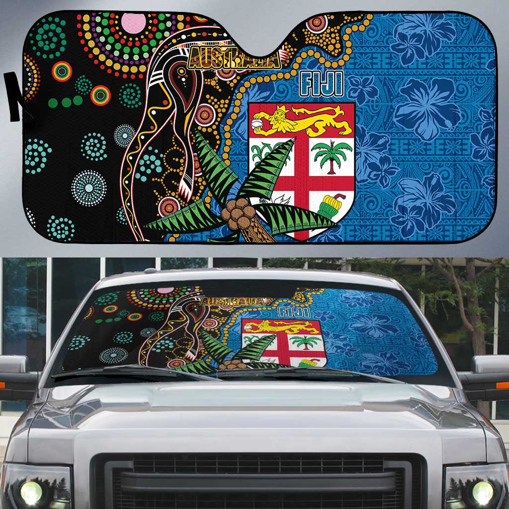 Fijian and Australian Culture Together Auto Sun Shade Aboriginal Art and Tapa Motifs with Kangaroo and Palm Tree LT03 Black - Polynesian Pride