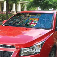 Fijian and Australian Culture Together Auto Sun Shade Aboriginal Art and Tapa Motifs with Kangaroo and Palm Tree LT03 - Polynesian Pride