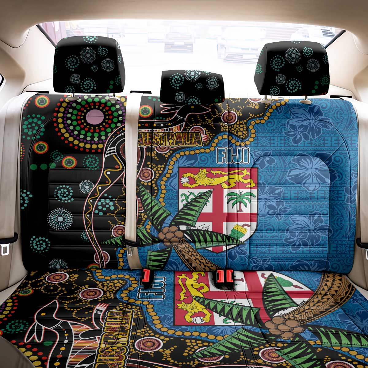 Fijian and Australian Culture Together Back Car Seat Cover Aboriginal Art and Tapa Motifs with Kangaroo and Palm Tree LT03 - Polynesian Pride