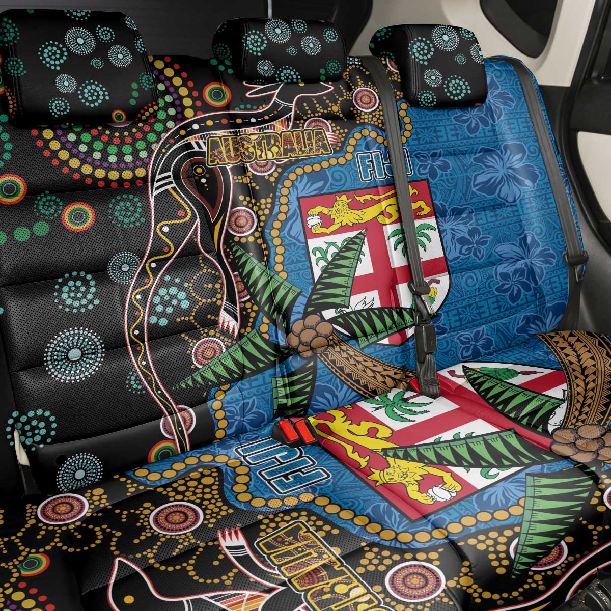 Fijian and Australian Culture Together Back Car Seat Cover Aboriginal Art and Tapa Motifs with Kangaroo and Palm Tree LT03 - Polynesian Pride