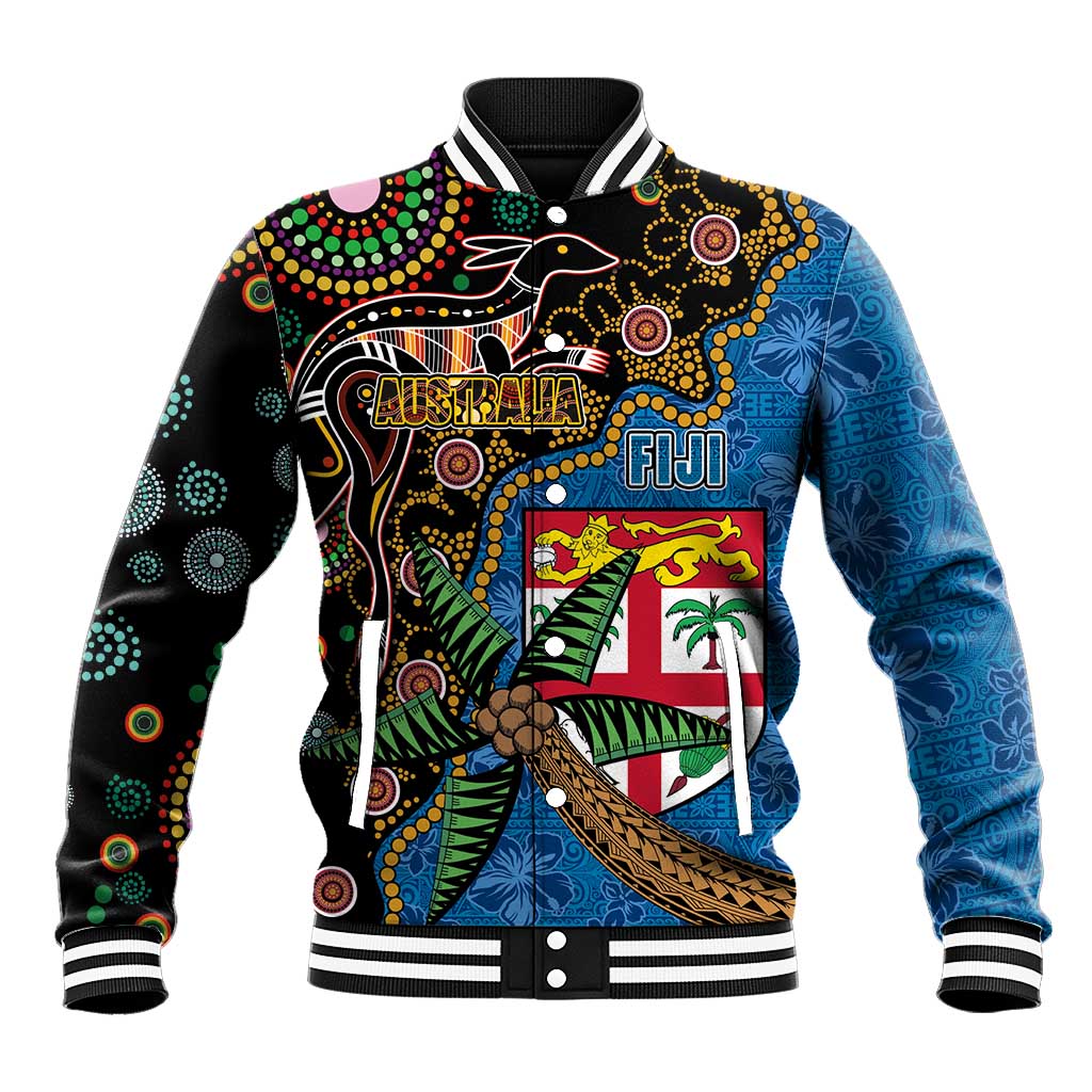 Fijian and Australian Culture Together Baseball Jacket Aboriginal Art and Tapa Motifs with Kangaroo and Palm Tree LT03 Unisex Black - Polynesian Pride