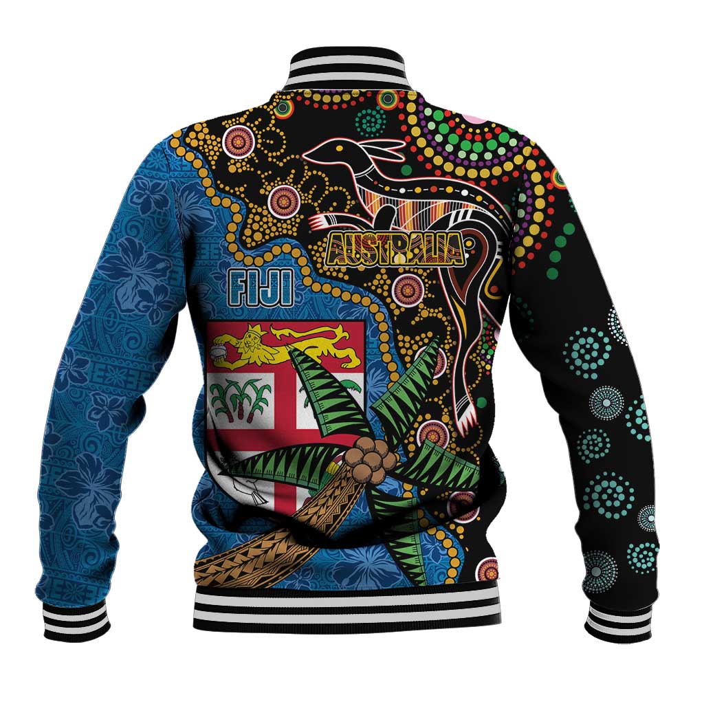 Fijian and Australian Culture Together Baseball Jacket Aboriginal Art and Tapa Motifs with Kangaroo and Palm Tree LT03 - Polynesian Pride