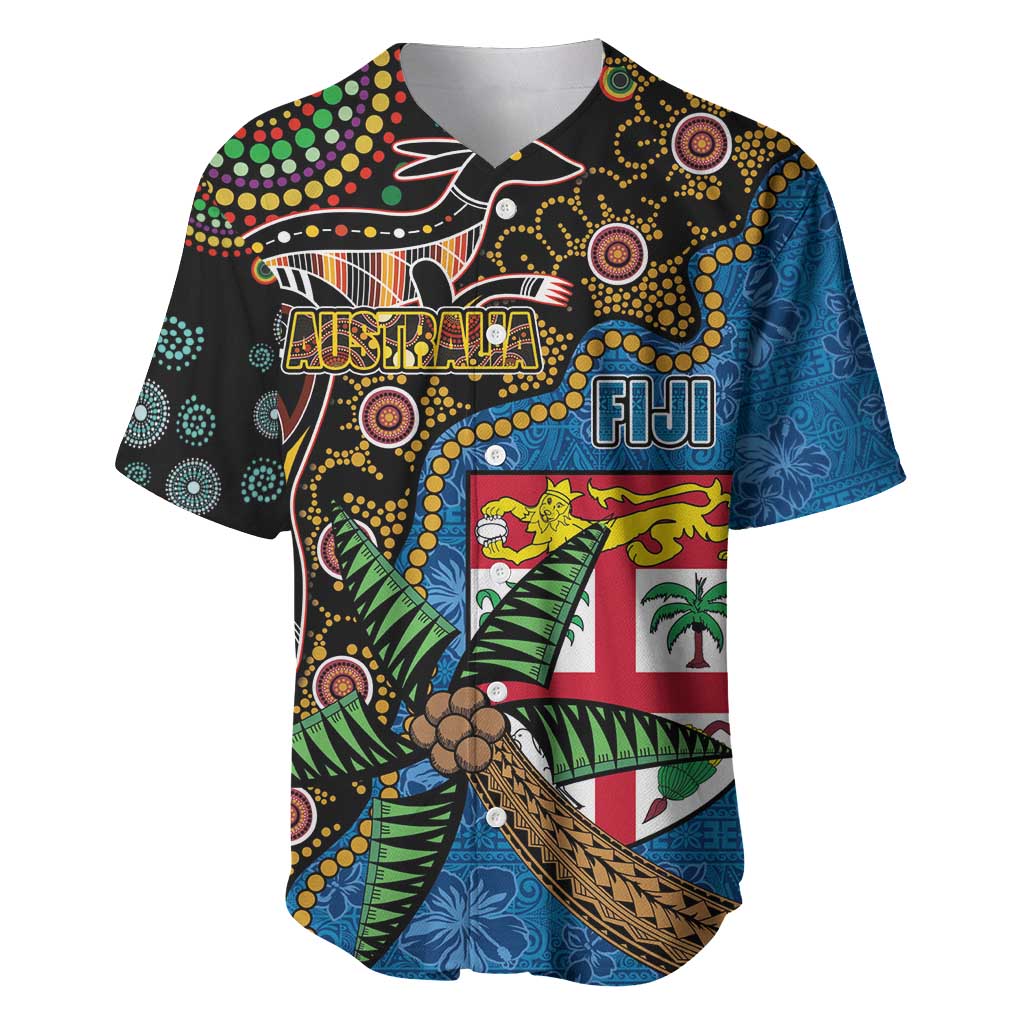 Fijian and Australian Culture Together Baseball Jersey Aboriginal Art and Tapa Motifs with Kangaroo and Palm Tree LT03 Black - Polynesian Pride