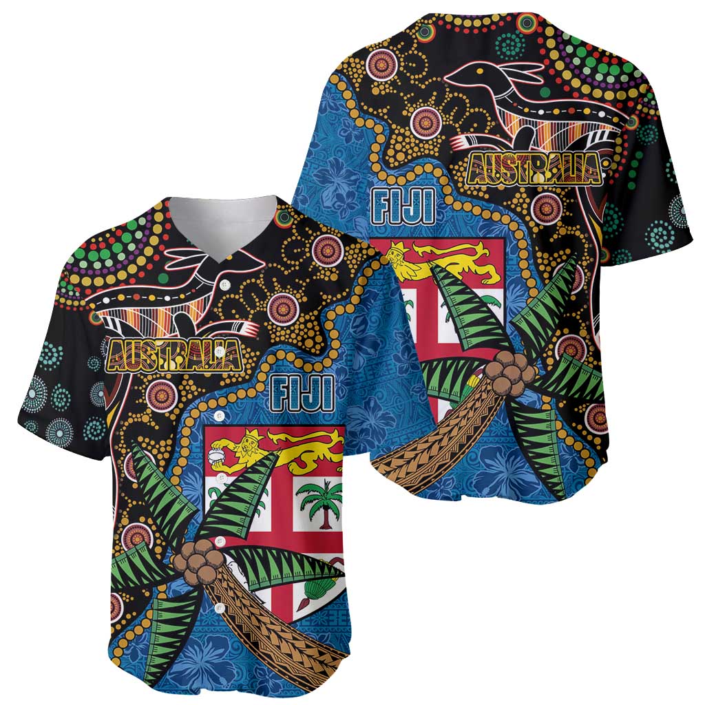 Fijian and Australian Culture Together Baseball Jersey Aboriginal Art and Tapa Motifs with Kangaroo and Palm Tree LT03 - Polynesian Pride
