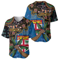 Fijian and Australian Culture Together Baseball Jersey Aboriginal Art and Tapa Motifs with Kangaroo and Palm Tree LT03 - Polynesian Pride