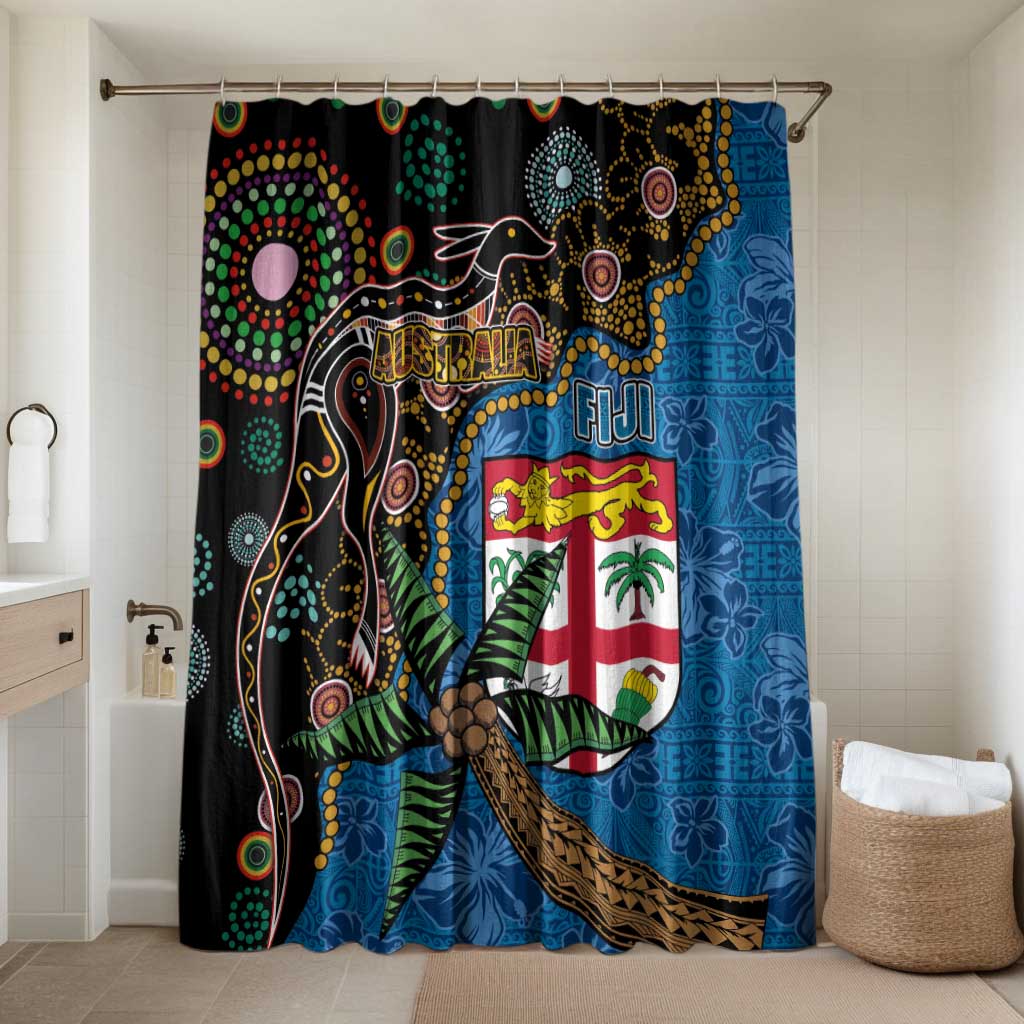 Fijian and Australian Culture Together Bathroom Set Aboriginal Art and Tapa Motifs with Kangaroo and Palm Tree LT03 Shower Curtain Only Black - Polynesian Pride