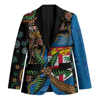 Fijian and Australian Culture Together Blazer Aboriginal Art and Tapa Motifs with Kangaroo and Palm Tree LT03 Unisex Black - Polynesian Pride