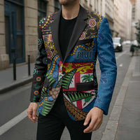 Fijian and Australian Culture Together Blazer Aboriginal Art and Tapa Motifs with Kangaroo and Palm Tree LT03 - Polynesian Pride