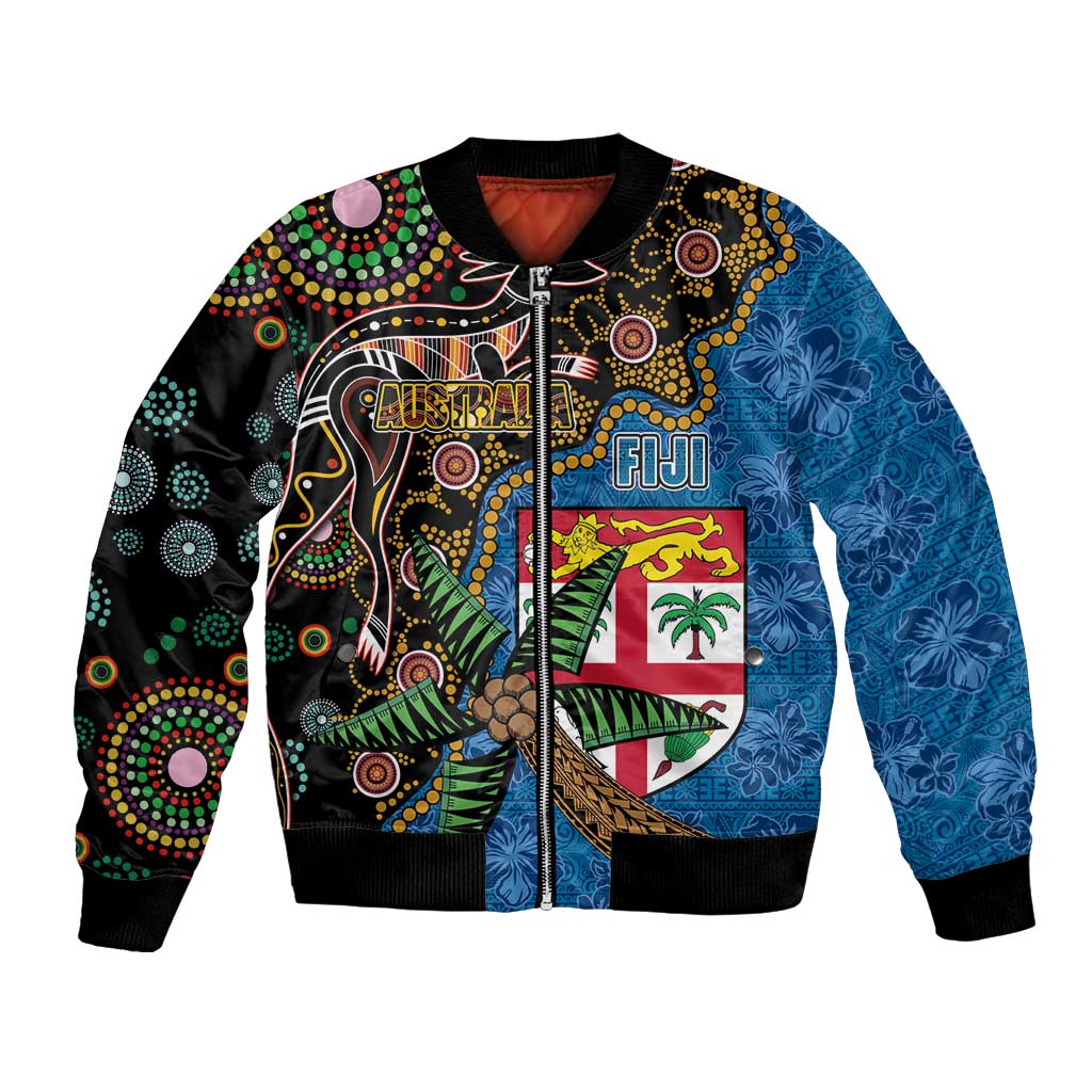 Fijian and Australian Culture Together Bomber Jacket Aboriginal Art and Tapa Motifs with Kangaroo and Palm Tree LT03 Unisex Black - Polynesian Pride