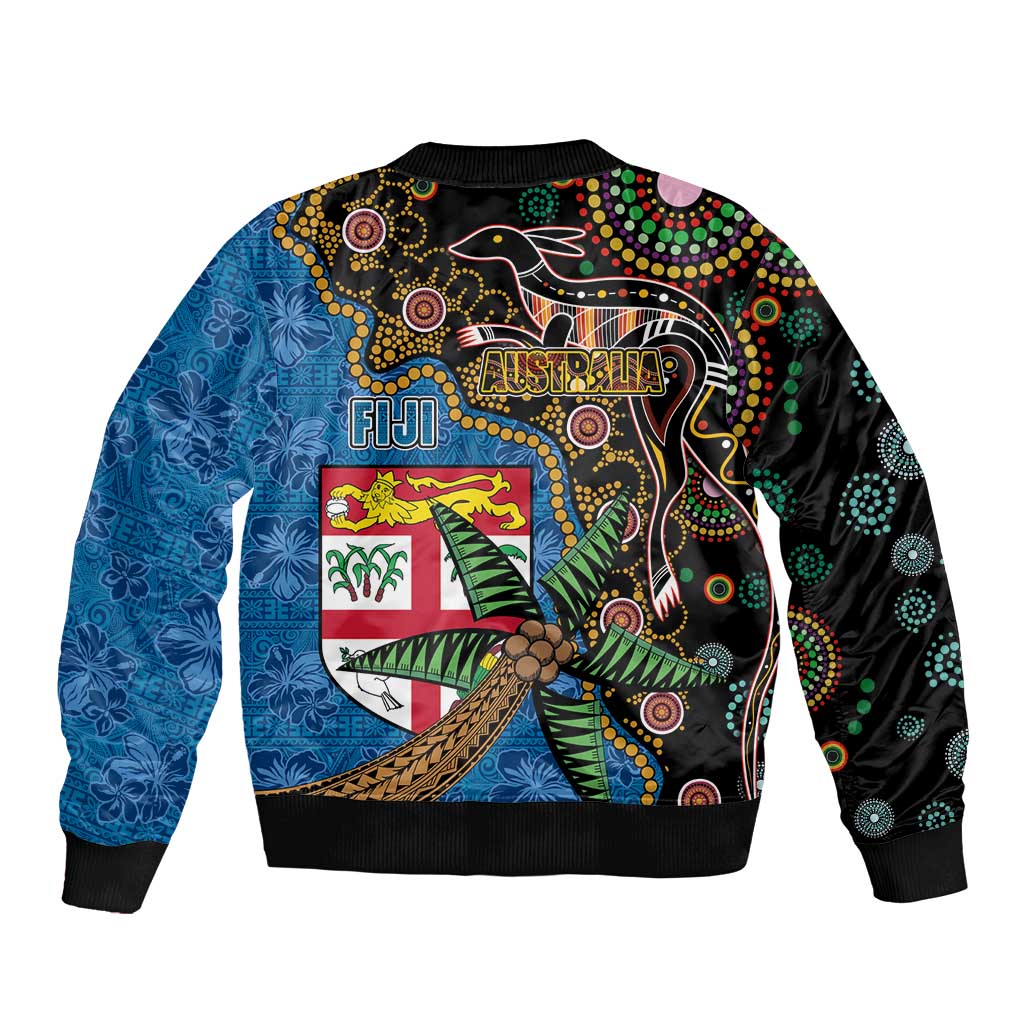 Fijian and Australian Culture Together Bomber Jacket Aboriginal Art and Tapa Motifs with Kangaroo and Palm Tree LT03 - Polynesian Pride