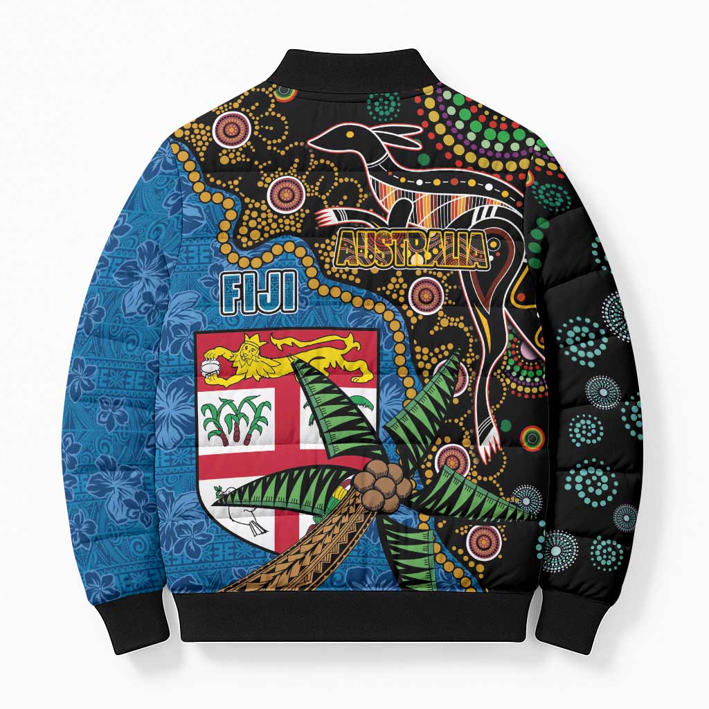 Fijian and Australian Culture Together Bomber Puffer Jacket Aboriginal Art and Tapa Motifs with Kangaroo and Palm Tree LT03 - Polynesian Pride