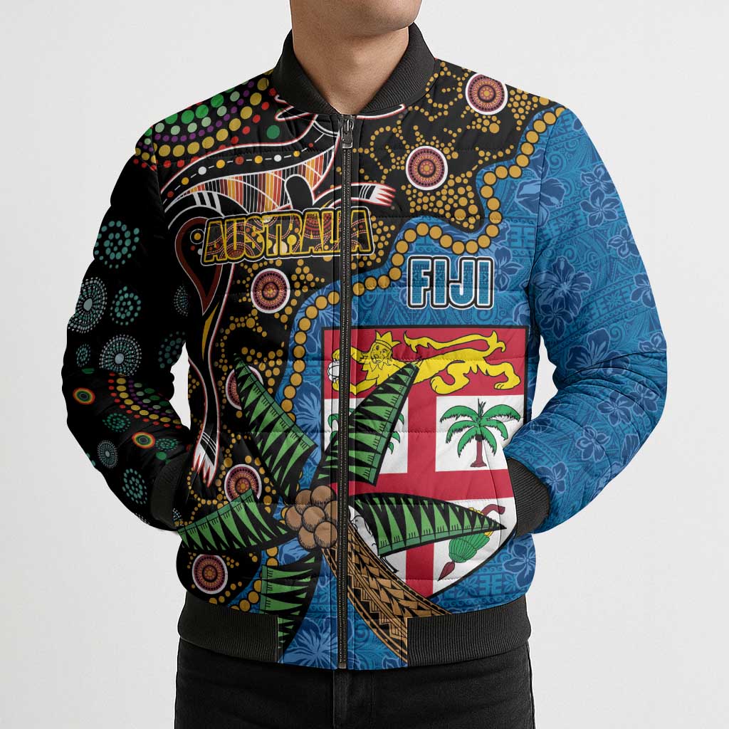 Fijian and Australian Culture Together Bomber Puffer Jacket Aboriginal Art and Tapa Motifs with Kangaroo and Palm Tree LT03 - Polynesian Pride