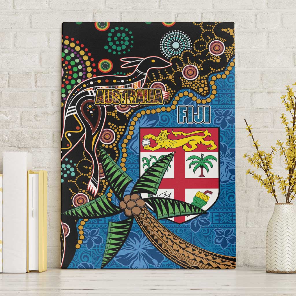 Fijian and Australian Culture Together Canvas Wall Art Aboriginal Art and Tapa Motifs with Kangaroo and Palm Tree LT03 Without Frame Black - Polynesian Pride