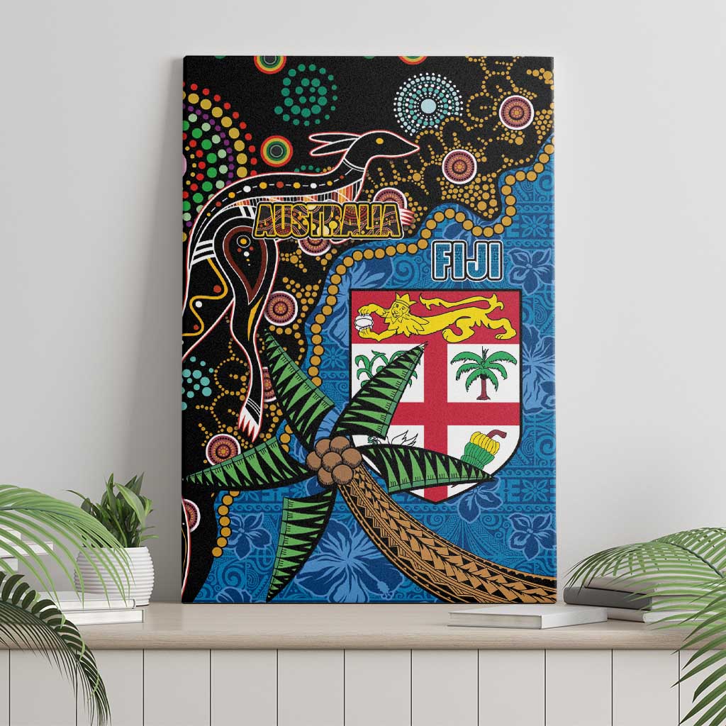 Fijian and Australian Culture Together Canvas Wall Art Aboriginal Art and Tapa Motifs with Kangaroo and Palm Tree LT03 - Polynesian Pride