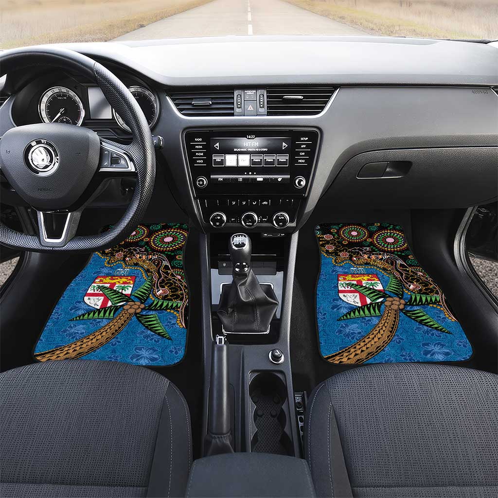 Fijian and Australian Culture Together Car Mats Aboriginal Art and Tapa Motifs with Kangaroo and Palm Tree LT03 Set 2pcs - Front Black - Polynesian Pride