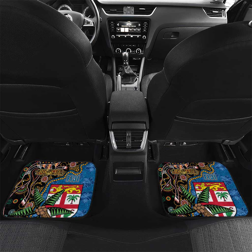 Fijian and Australian Culture Together Car Mats Aboriginal Art and Tapa Motifs with Kangaroo and Palm Tree LT03 Set 2pcs - Back Black - Polynesian Pride