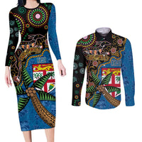 Fijian and Australian Culture Together Couples Matching Long Sleeve Bodycon Dress and Long Sleeve Button Shirt Aboriginal Art and Tapa Motifs with Kangaroo and Palm Tree LT03 Black - Polynesian Pride