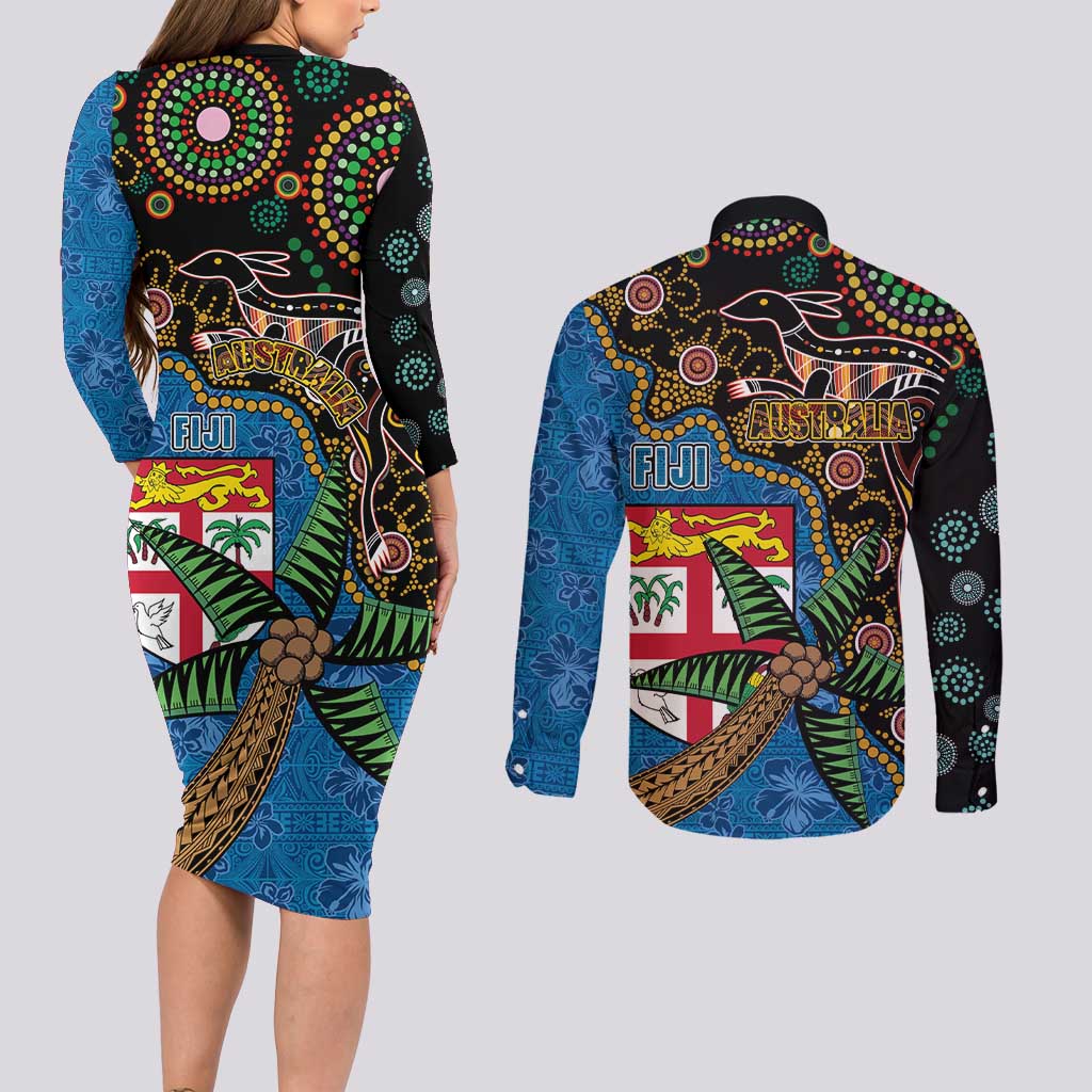 Fijian and Australian Culture Together Couples Matching Long Sleeve Bodycon Dress and Long Sleeve Button Shirt Aboriginal Art and Tapa Motifs with Kangaroo and Palm Tree LT03 - Polynesian Pride