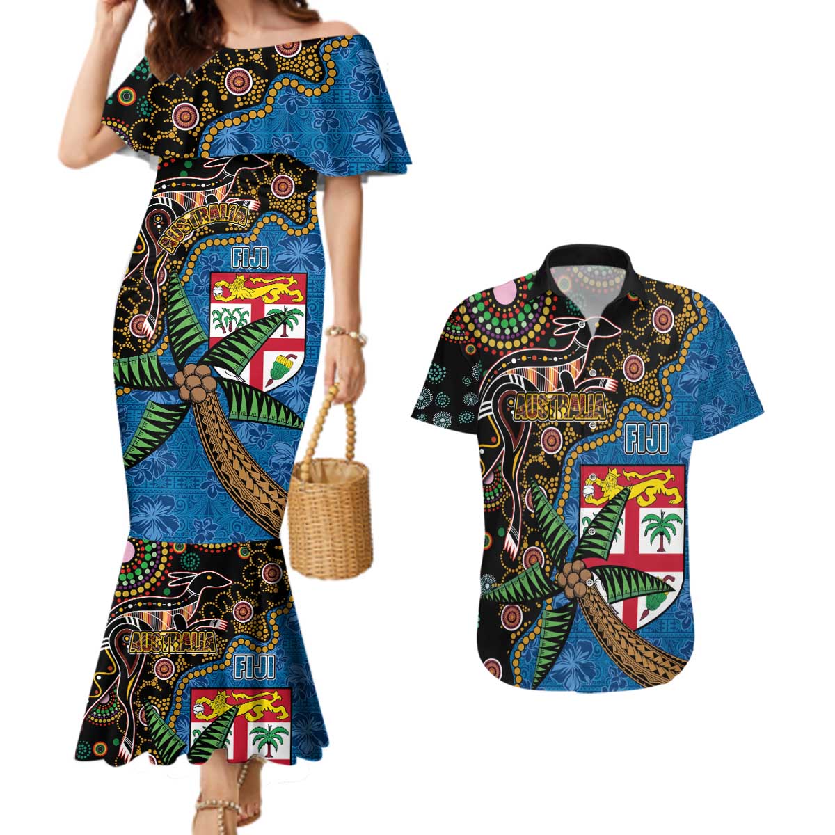 Fijian and Australian Culture Together Couples Matching Mermaid Dress and Hawaiian Shirt Aboriginal Art and Tapa Motifs with Kangaroo and Palm Tree LT03 Black - Polynesian Pride
