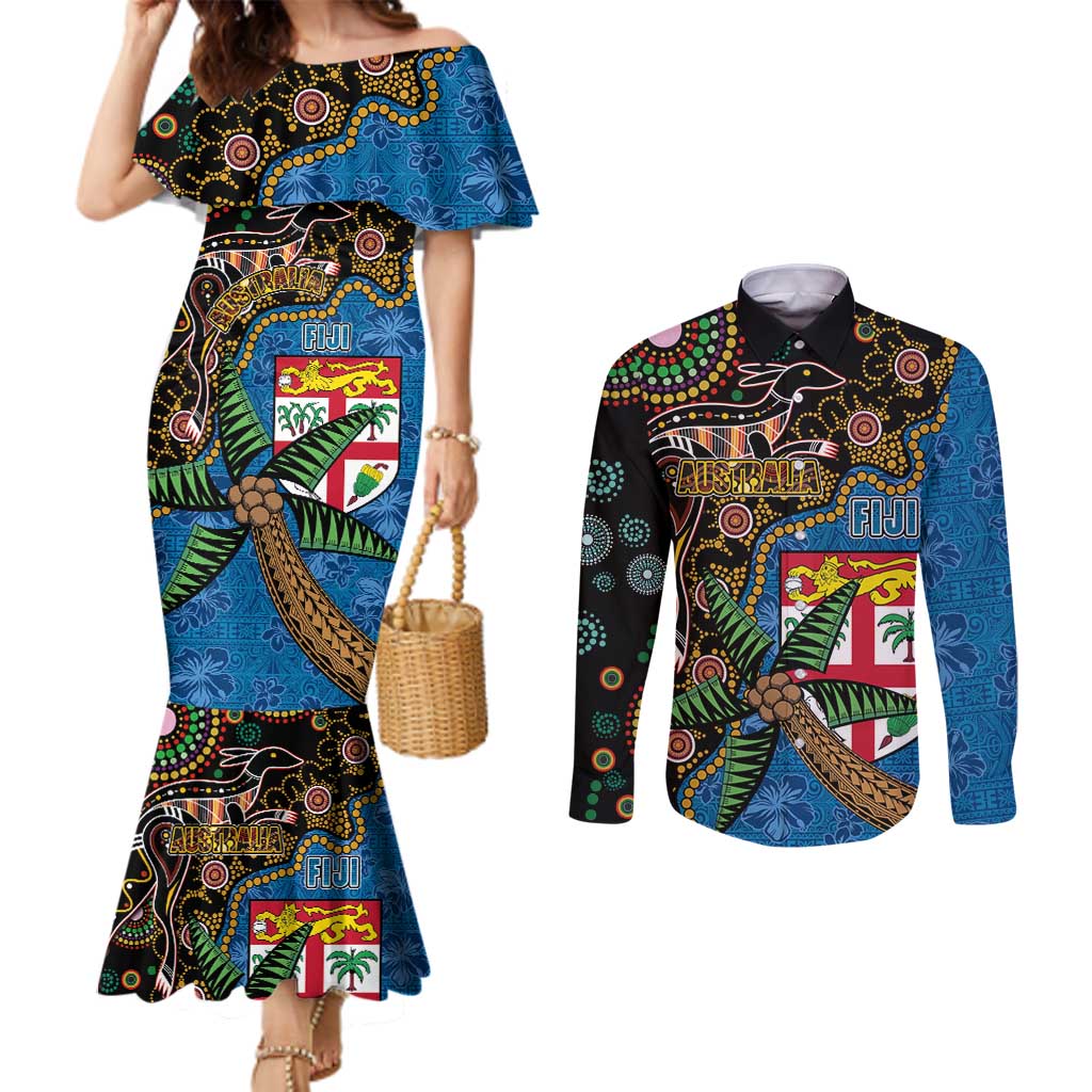 Fijian and Australian Culture Together Couples Matching Mermaid Dress and Long Sleeve Button Shirt Aboriginal Art and Tapa Motifs with Kangaroo and Palm Tree - Polynesian Pride