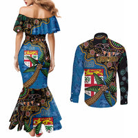 Fijian and Australian Culture Together Couples Matching Mermaid Dress and Long Sleeve Button Shirt Aboriginal Art and Tapa Motifs with Kangaroo and Palm Tree LT03 - Polynesian Pride