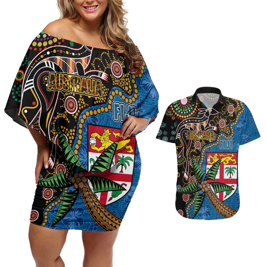 Fijian and Australian Culture Together Couples Matching Off Shoulder Short Dress and Hawaiian Shirt Aboriginal Art and Tapa Motifs with Kangaroo and Palm Tree LT03 Black - Polynesian Pride