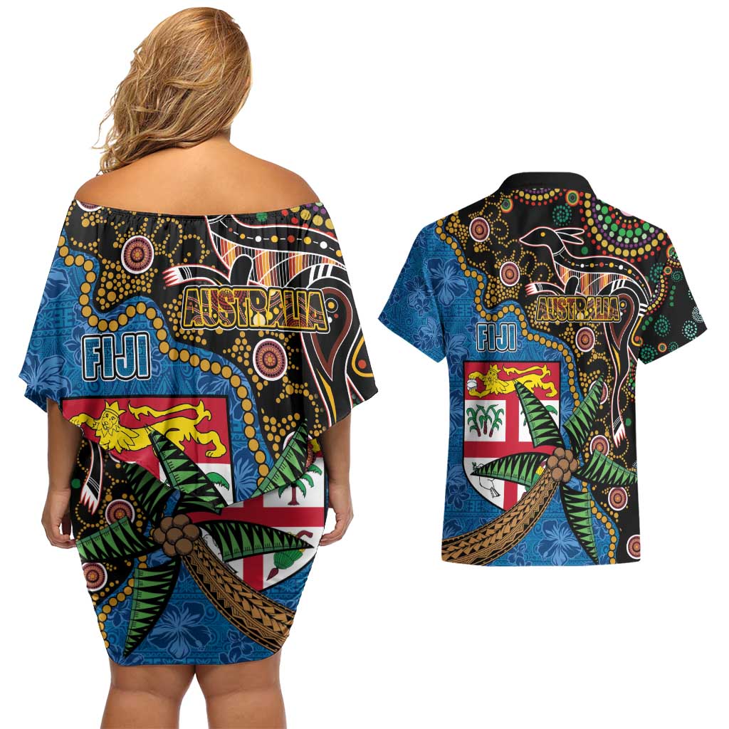 Fijian and Australian Culture Together Couples Matching Off Shoulder Short Dress and Hawaiian Shirt Aboriginal Art and Tapa Motifs with Kangaroo and Palm Tree LT03 - Polynesian Pride