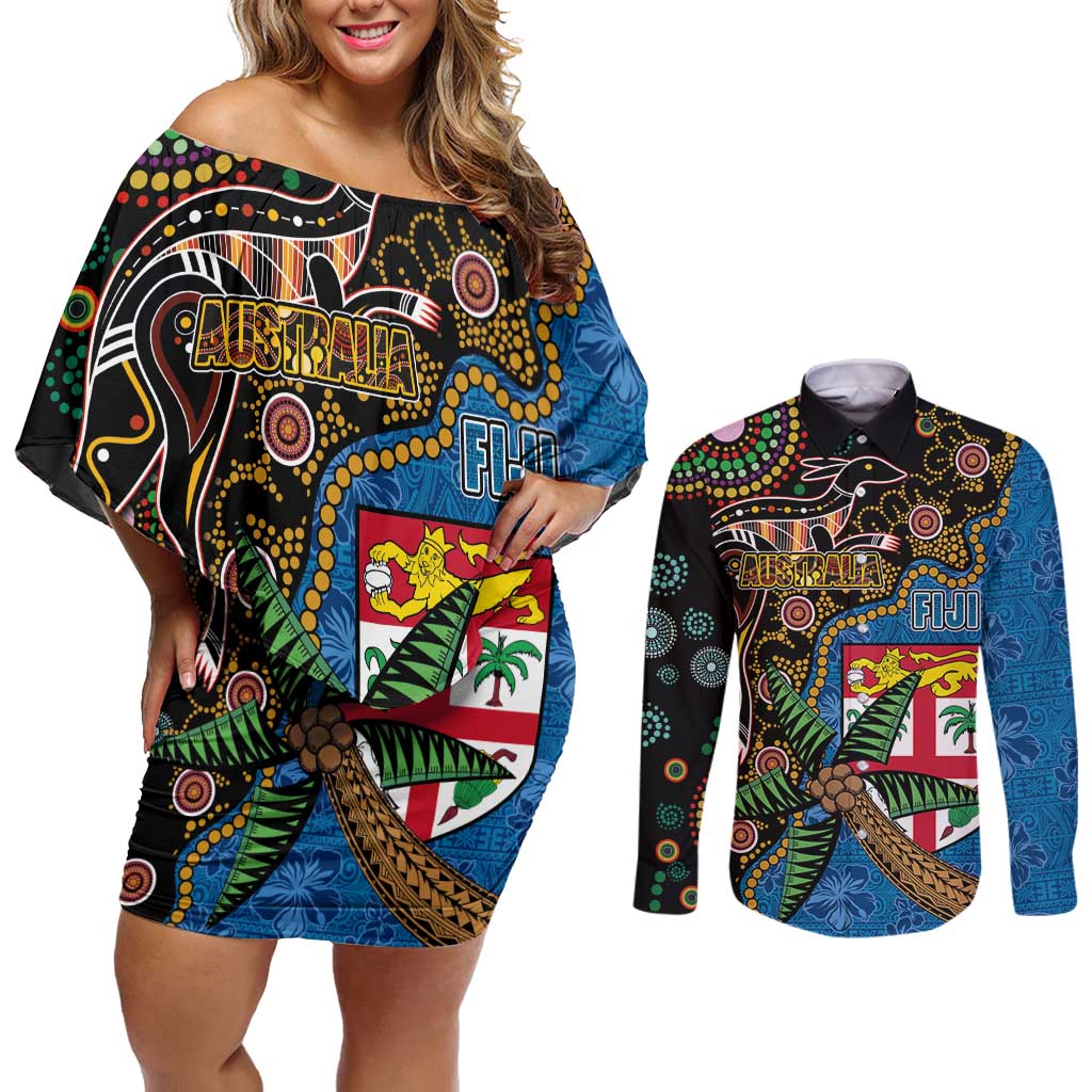 Fijian and Australian Culture Together Couples Matching Off Shoulder Short Dress and Long Sleeve Button Shirt Aboriginal Art and Tapa Motifs with Kangaroo and Palm Tree LT03 Black - Polynesian Pride