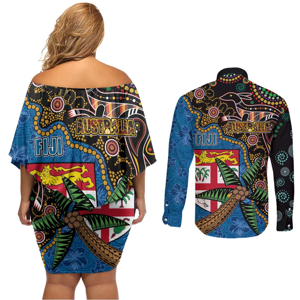 Fijian and Australian Culture Together Couples Matching Off Shoulder Short Dress and Long Sleeve Button Shirt Aboriginal Art and Tapa Motifs with Kangaroo and Palm Tree LT03 - Polynesian Pride