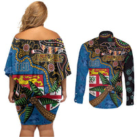 Fijian and Australian Culture Together Couples Matching Off Shoulder Short Dress and Long Sleeve Button Shirt Aboriginal Art and Tapa Motifs with Kangaroo and Palm Tree LT03 - Polynesian Pride