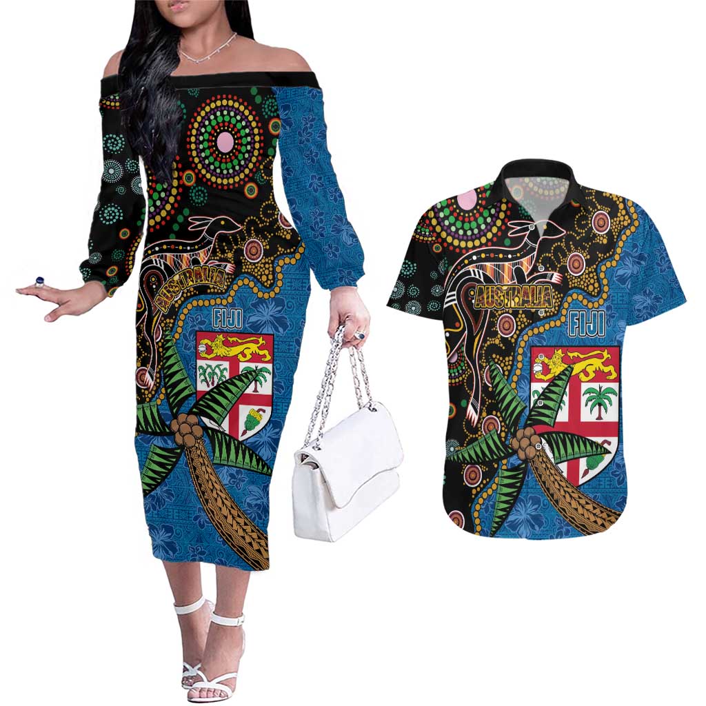 Fijian and Australian Culture Together Couples Matching Off The Shoulder Long Sleeve Dress and Hawaiian Shirt Aboriginal Art and Tapa Motifs with Kangaroo and Palm Tree LT03 Black - Polynesian Pride