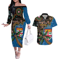 Fijian and Australian Culture Together Couples Matching Off The Shoulder Long Sleeve Dress and Hawaiian Shirt Aboriginal Art and Tapa Motifs with Kangaroo and Palm Tree LT03 Black - Polynesian Pride