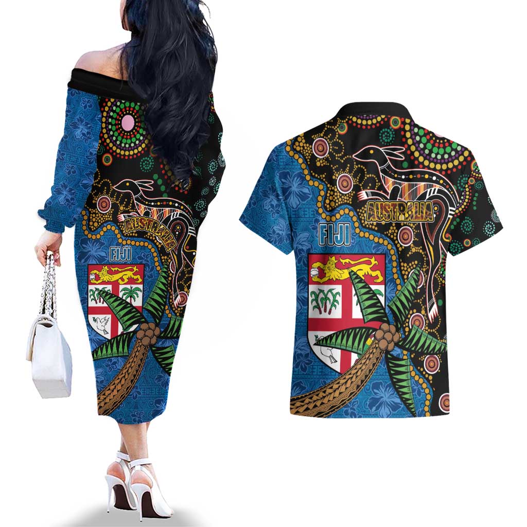 Fijian and Australian Culture Together Couples Matching Off The Shoulder Long Sleeve Dress and Hawaiian Shirt Aboriginal Art and Tapa Motifs with Kangaroo and Palm Tree LT03 - Polynesian Pride