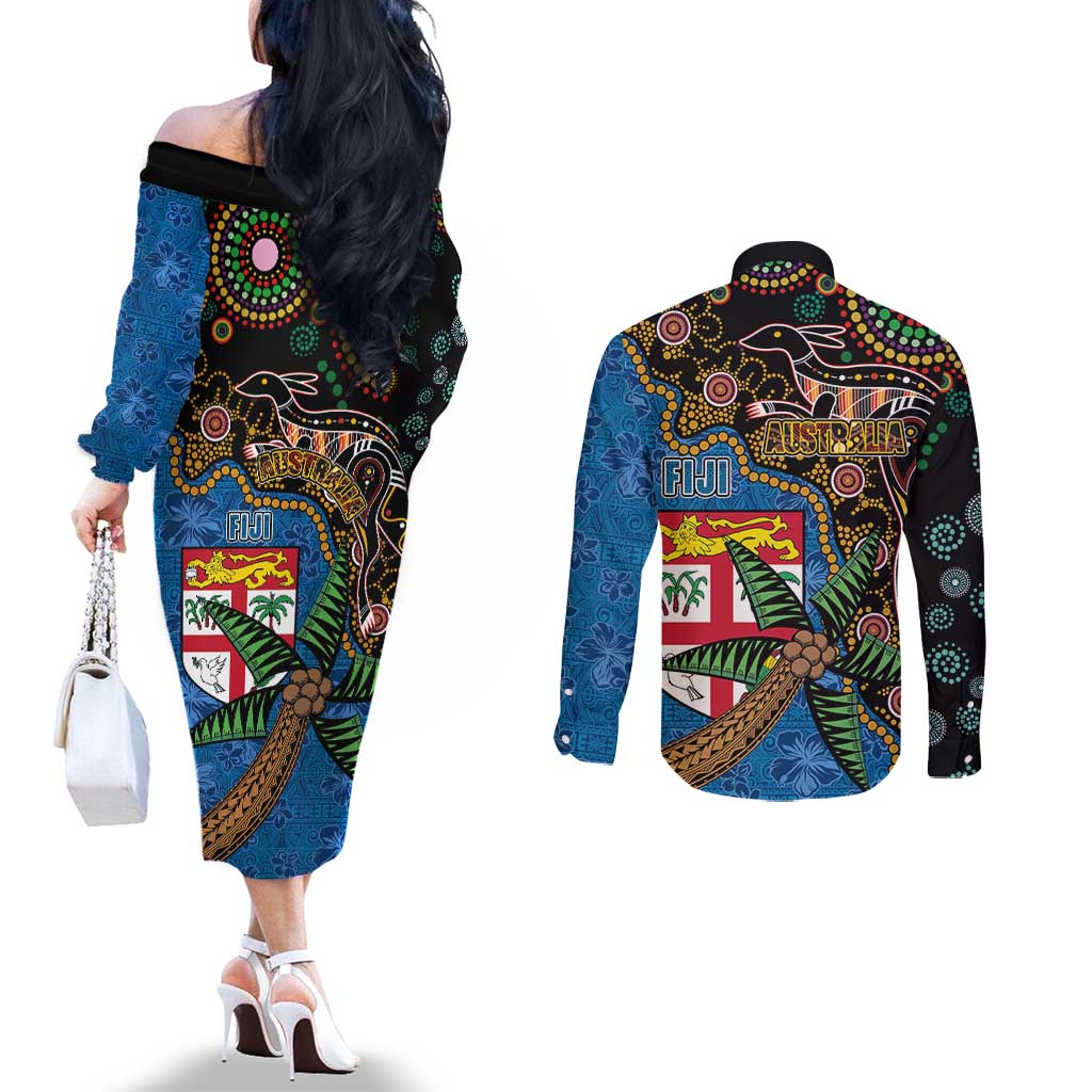 Fijian and Australian Culture Together Couples Matching Off The Shoulder Long Sleeve Dress and Long Sleeve Button Shirt Aboriginal Art and Tapa Motifs with Kangaroo and Palm Tree LT03 - Polynesian Pride
