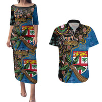 Fijian and Australian Culture Together Couples Matching Puletasi and Hawaiian Shirt Aboriginal Art and Tapa Motifs with Kangaroo and Palm Tree LT03 Black - Polynesian Pride