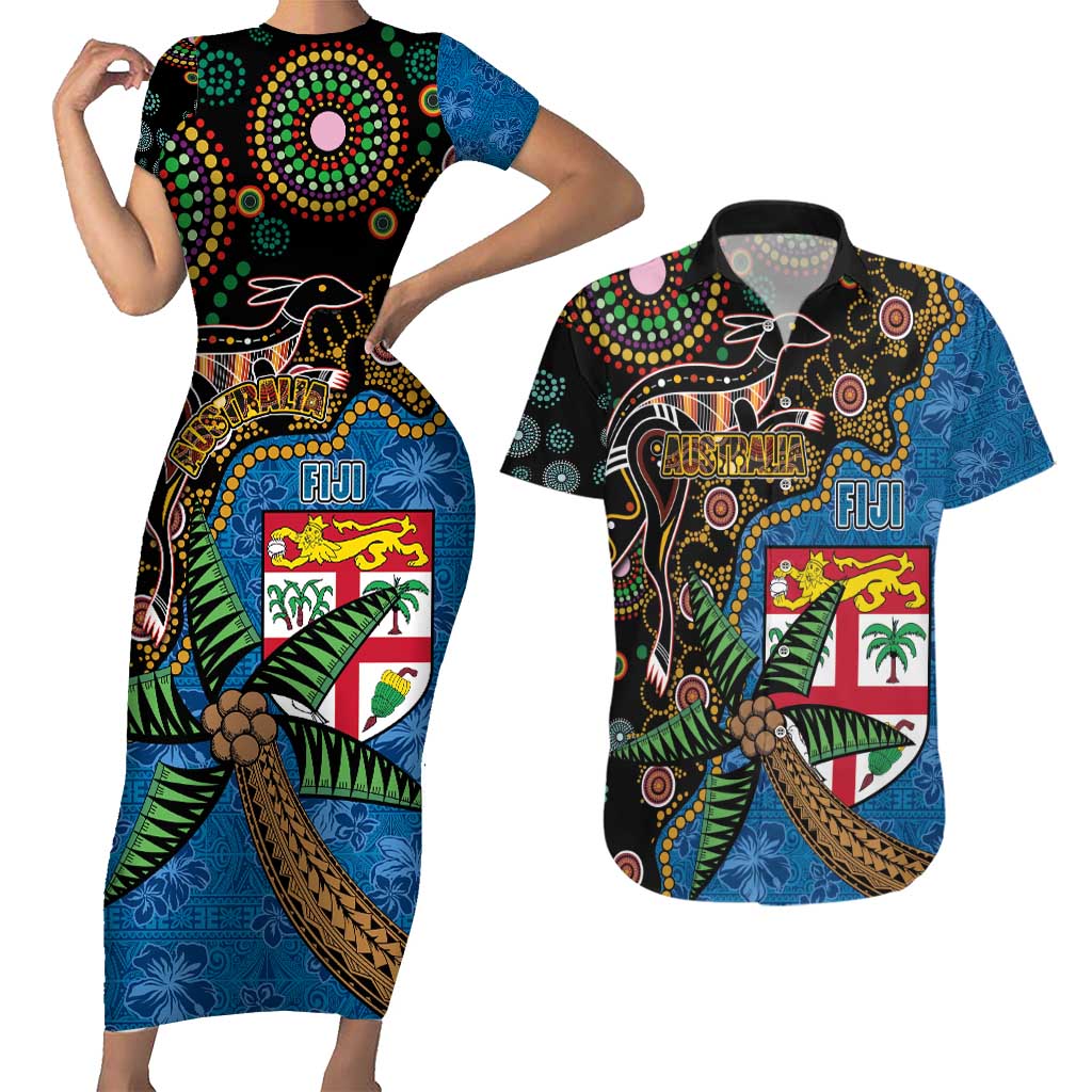 Fijian and Australian Culture Together Couples Matching Short Sleeve Bodycon Dress and Hawaiian Shirt Aboriginal Art and Tapa Motifs with Kangaroo and Palm Tree LT03 Black - Polynesian Pride