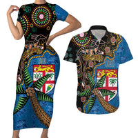 Fijian and Australian Culture Together Couples Matching Short Sleeve Bodycon Dress and Hawaiian Shirt Aboriginal Art and Tapa Motifs with Kangaroo and Palm Tree LT03 Black - Polynesian Pride