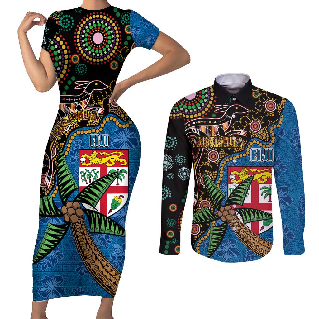Fijian and Australian Culture Together Couples Matching Short Sleeve Bodycon Dress and Long Sleeve Button Shirt Aboriginal Art and Tapa Motifs with Kangaroo and Palm Tree LT03 Black - Polynesian Pride