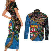 Fijian and Australian Culture Together Couples Matching Short Sleeve Bodycon Dress and Long Sleeve Button Shirt Aboriginal Art and Tapa Motifs with Kangaroo and Palm Tree LT03 - Polynesian Pride
