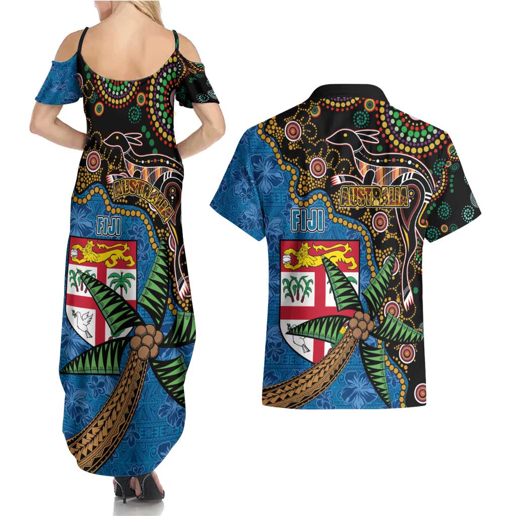 Fijian and Australian Culture Together Couples Matching Summer Maxi Dress and Hawaiian Shirt Aboriginal Art and Tapa Motifs with Kangaroo and Palm Tree LT03 - Polynesian Pride