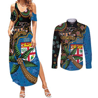 Fijian and Australian Culture Together Couples Matching Summer Maxi Dress and Long Sleeve Button Shirt Aboriginal Art and Tapa Motifs with Kangaroo and Palm Tree LT03 Black - Polynesian Pride