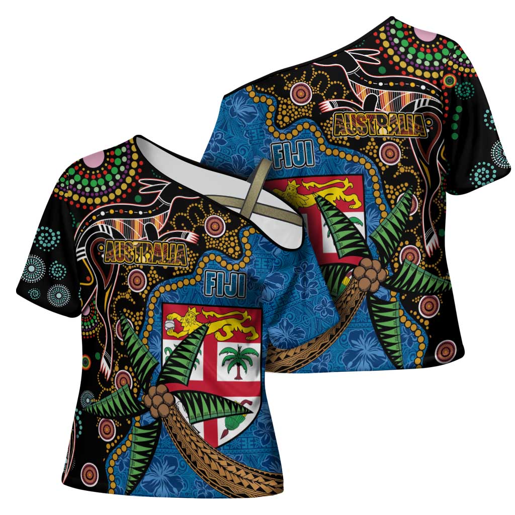 Fijian and Australian Culture Together Cross Shoulder Shirt Aboriginal Art and Tapa Motifs with Kangaroo and Palm Tree LT03 - Polynesian Pride