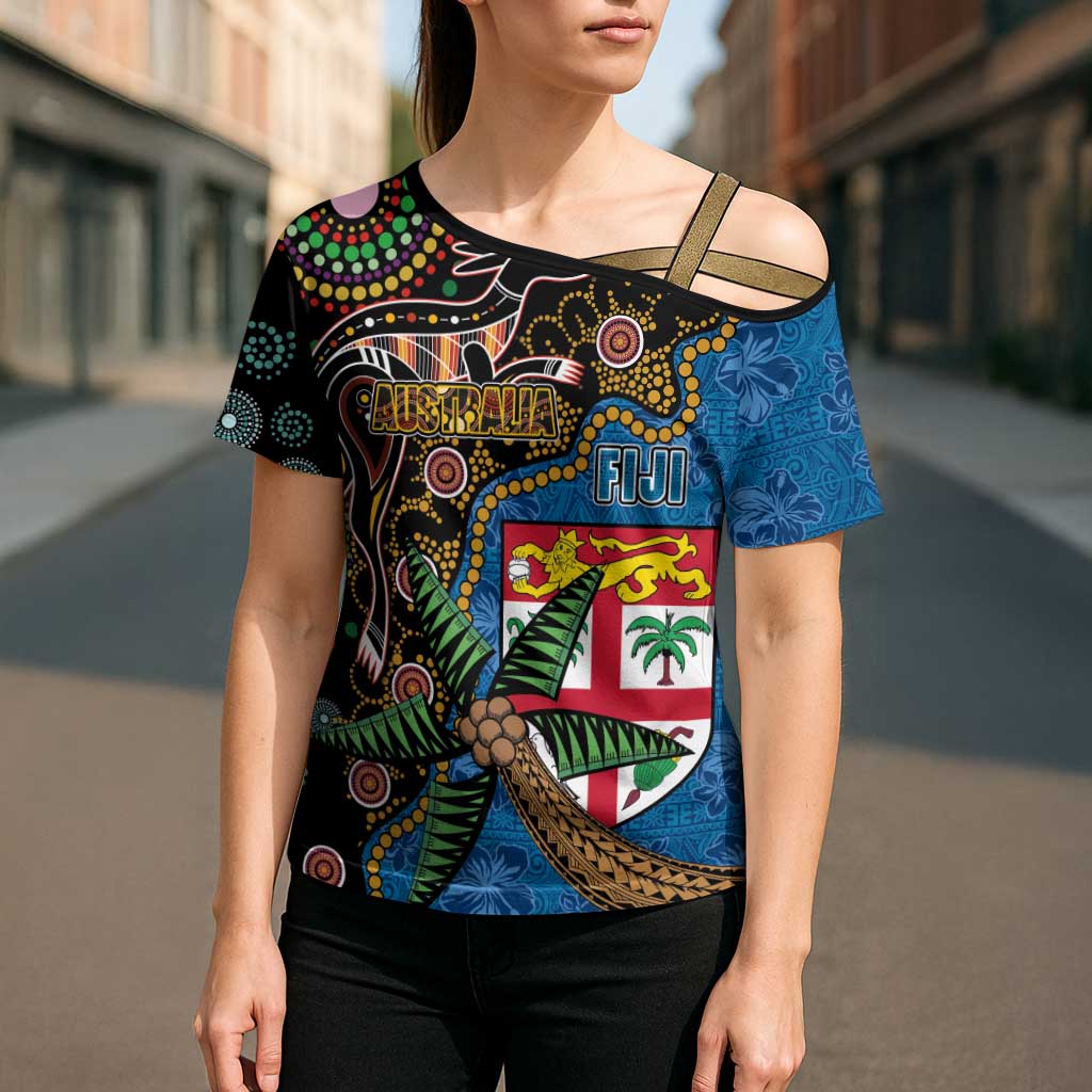 Fijian and Australian Culture Together Cross Shoulder Shirt Aboriginal Art and Tapa Motifs with Kangaroo and Palm Tree LT03 - Polynesian Pride