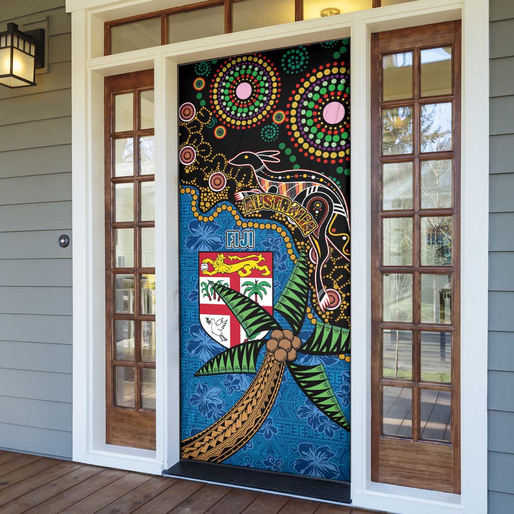 Fijian and Australian Culture Together Door Cover Aboriginal Art and Tapa Motifs with Kangaroo and Palm Tree LT03 - Polynesian Pride