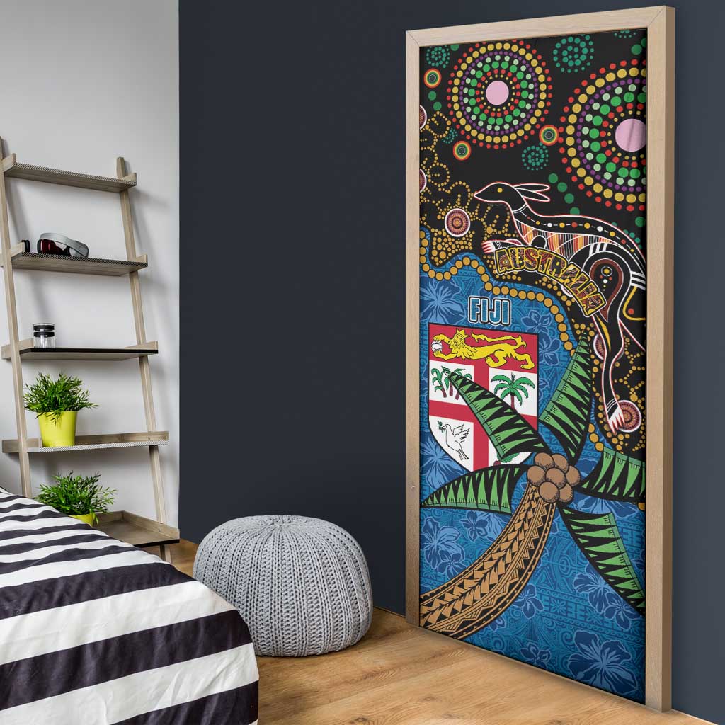 Fijian and Australian Culture Together Door Cover Aboriginal Art and Tapa Motifs with Kangaroo and Palm Tree LT03 - Polynesian Pride