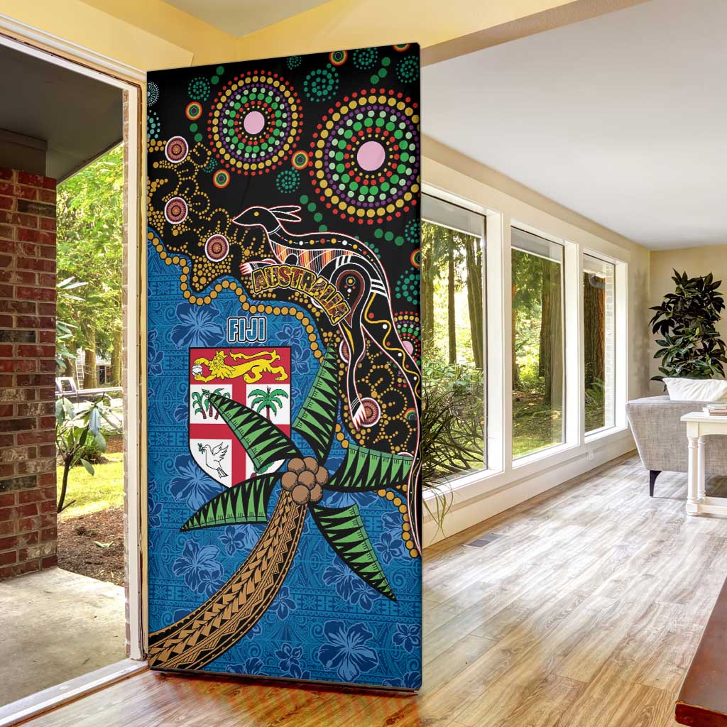 Fijian and Australian Culture Together Door Cover Aboriginal Art and Tapa Motifs with Kangaroo and Palm Tree LT03 - Polynesian Pride