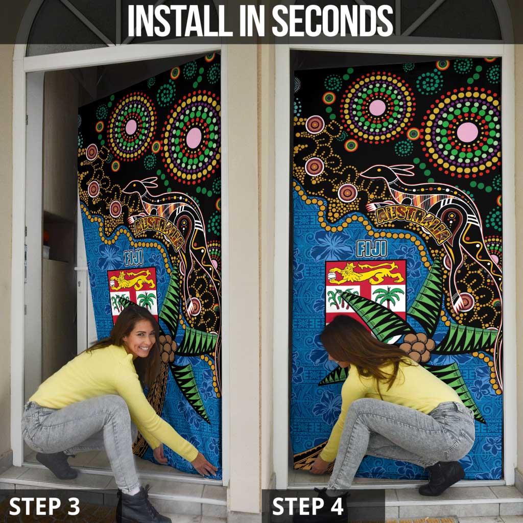 Fijian and Australian Culture Together Door Cover Aboriginal Art and Tapa Motifs with Kangaroo and Palm Tree LT03 - Polynesian Pride